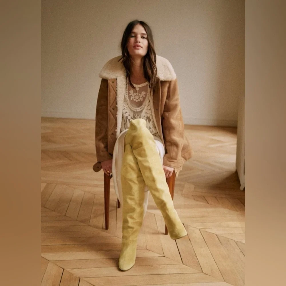 Sezane Anaelle Thigh High Suede Leather Over The Knee Pointy Boots Lemon Yellow